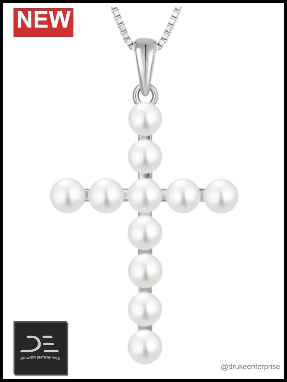925 Sterling Silver Halo Freshwater Pearl Cross Pendant Necklace 18+1.2 Inch